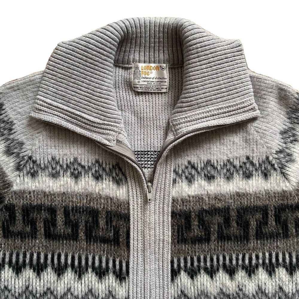 Vintage London Fog Full Zip Sweater Medium Cardigan Fair Isle Gray Acrylic USA